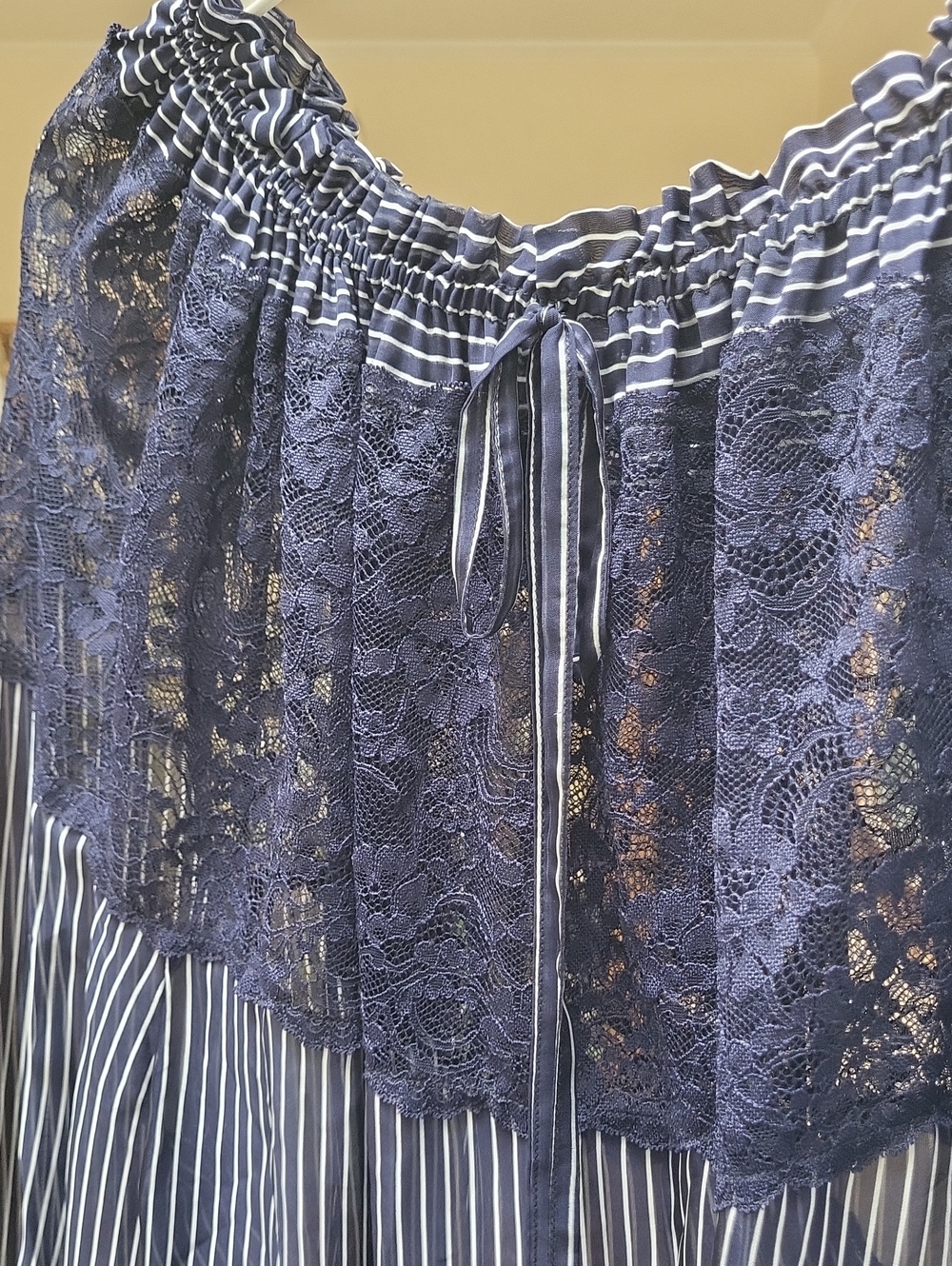 Ermanno Scervino Navy Blue Lace Yoke Striped Off-Shoulder Top